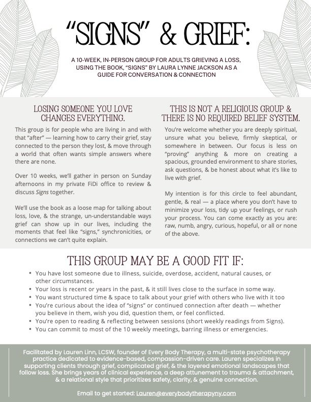 Informational flyer titled 'Signs & Grief' for a 10-week in-person support group for adults grieving a loss, led by Lauren Lynn Jackson, emphasizing connection, understanding, and safe sharing about grief experiences.