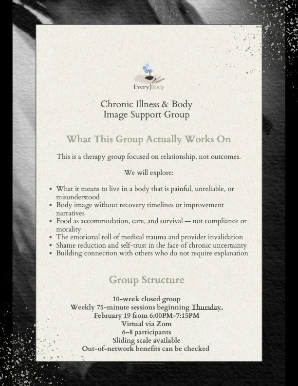 A flyer for a chronic illness and body image support group by Every Body, detailing the group's focus on relationship-based therapy, what it explores, and its structure including a 10-week online Zoom program for 6-8 participants.