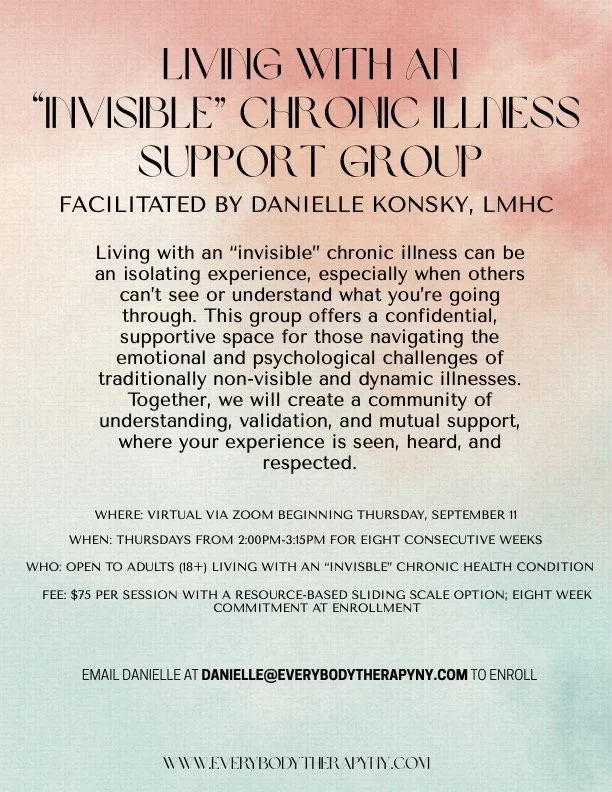 Flyer for a support group titled "Living with an 'Invisible' Chronic Illness" led by Danielle Konsky. The flyer is on a pastel pink and blue background, providing details about the virtual support group meeting via Zoom, scheduled for Thursdays from