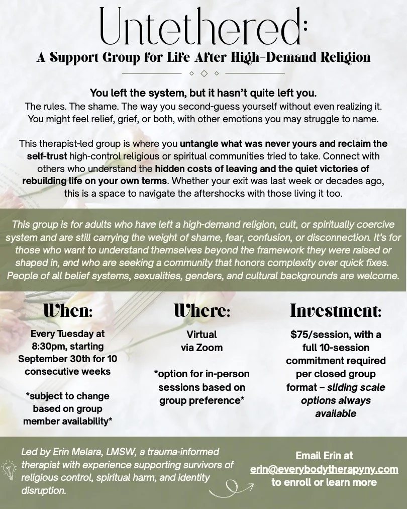 Flyer for Untethered: A support group for life after high-demand religion, offering virtual sessions via Zoom on Tuesdays, led by therapist Erin Melara, with a donation of $75 per session.