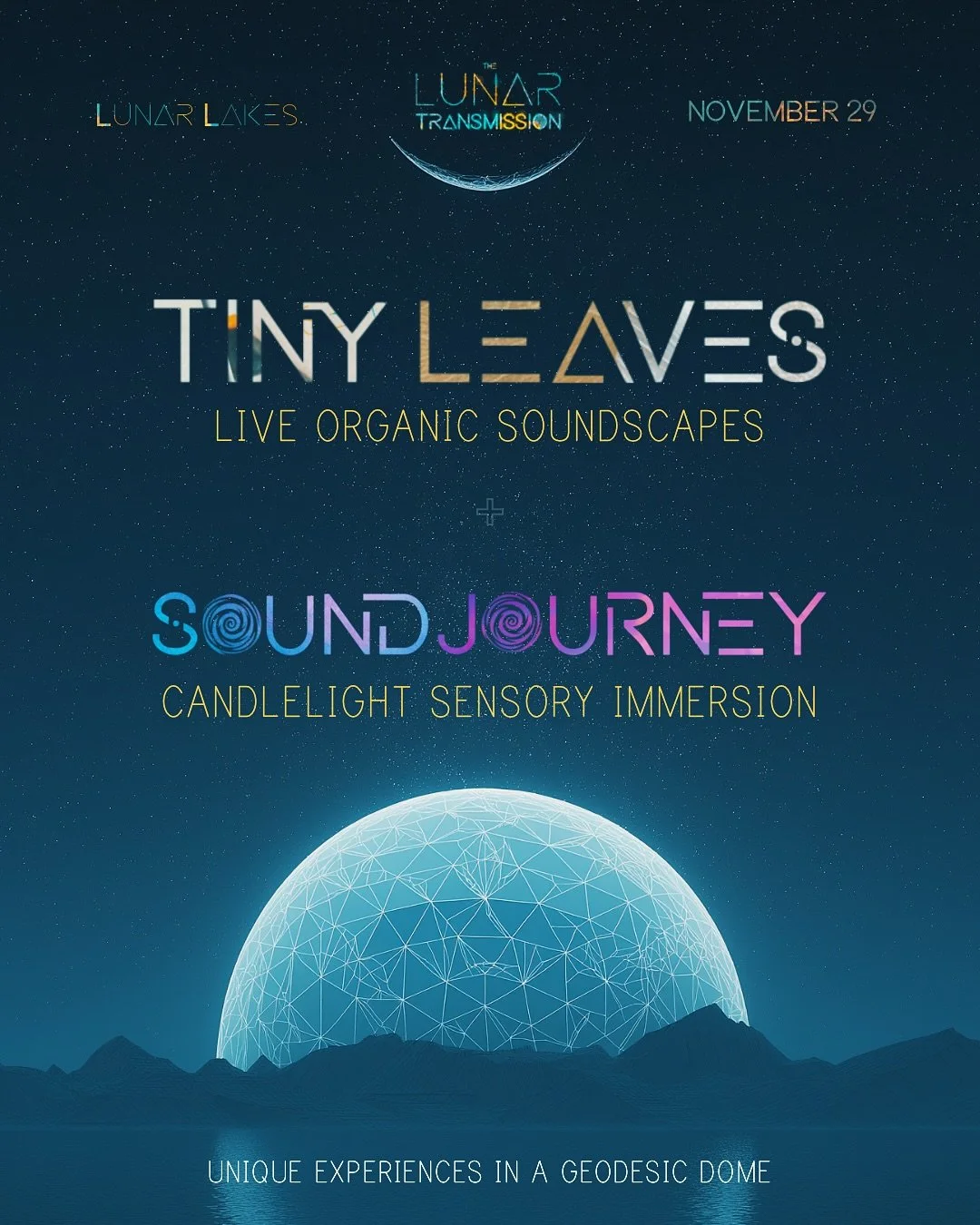 End of Season Event - The Lunar Transmission - Nov 29

Designed as a relaxed, low-stimulation experience in nature, The Lunar Transmission is an off-grid, screen-free evening, under the candlelit dome at Lunar Lakes, centred around two immersive live