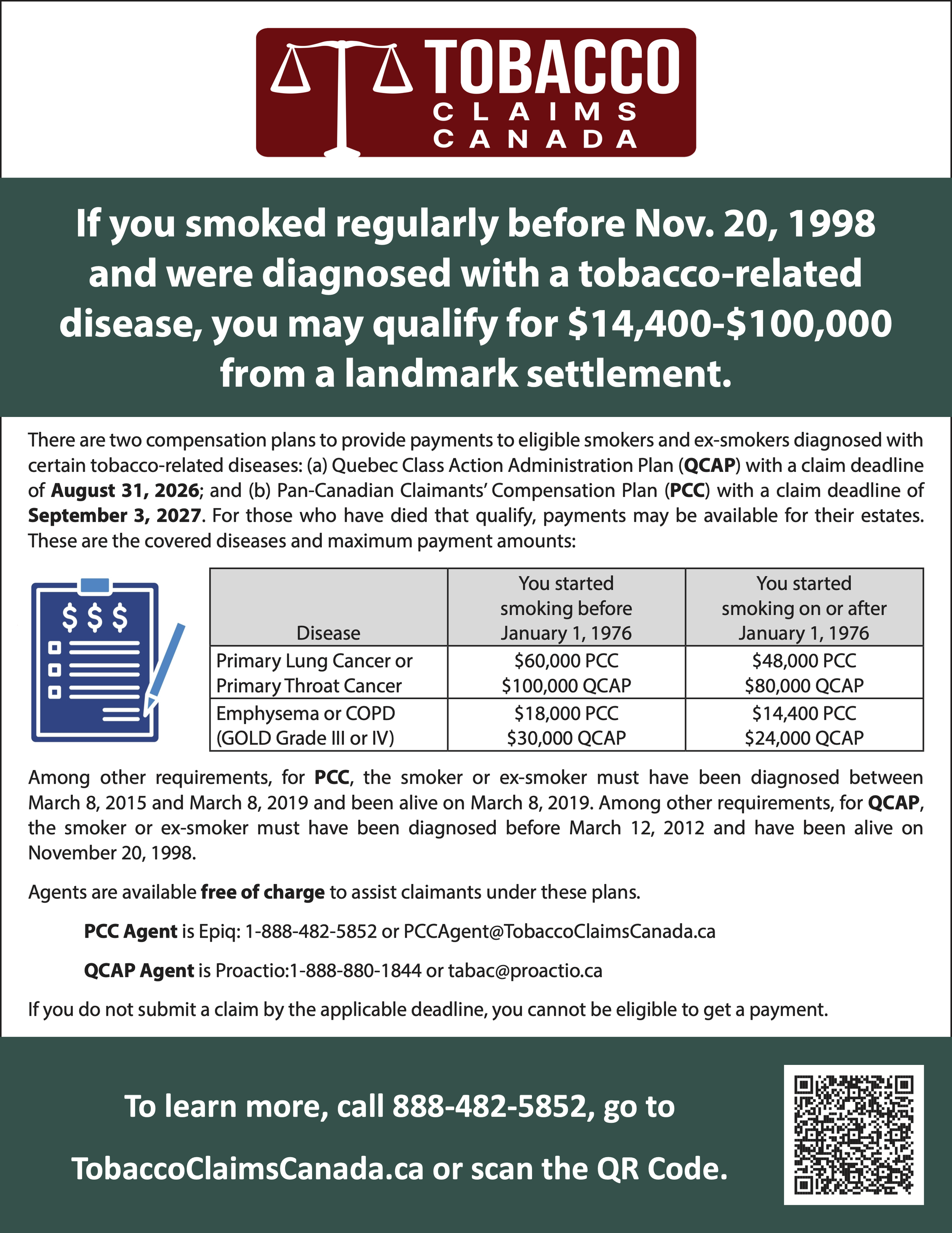 A poster outlining key details about the claims process and eligibility requirements for the Pan-Canadian Claimants' Compensation Plan. Visit tobaccoclaimscanada.ca/en/HomePCC/Plan for full details in accessible text.