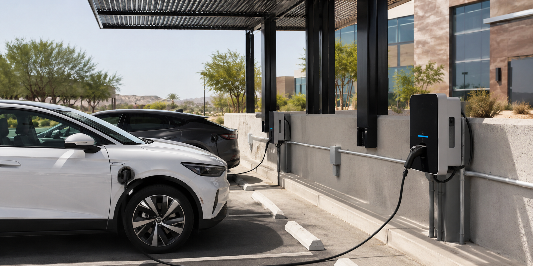 Cargadores para vehículos eléctricos instalados en estacionamiento comercial