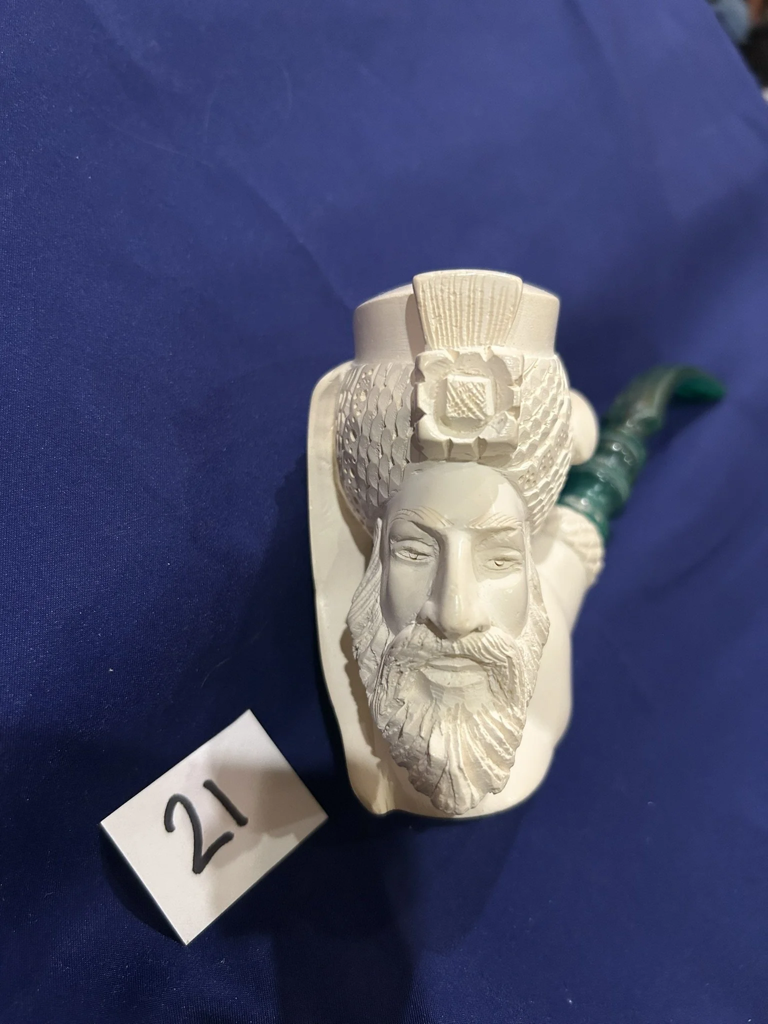 Meerschaum pipe large block carved sultan with green acrylic stem unused