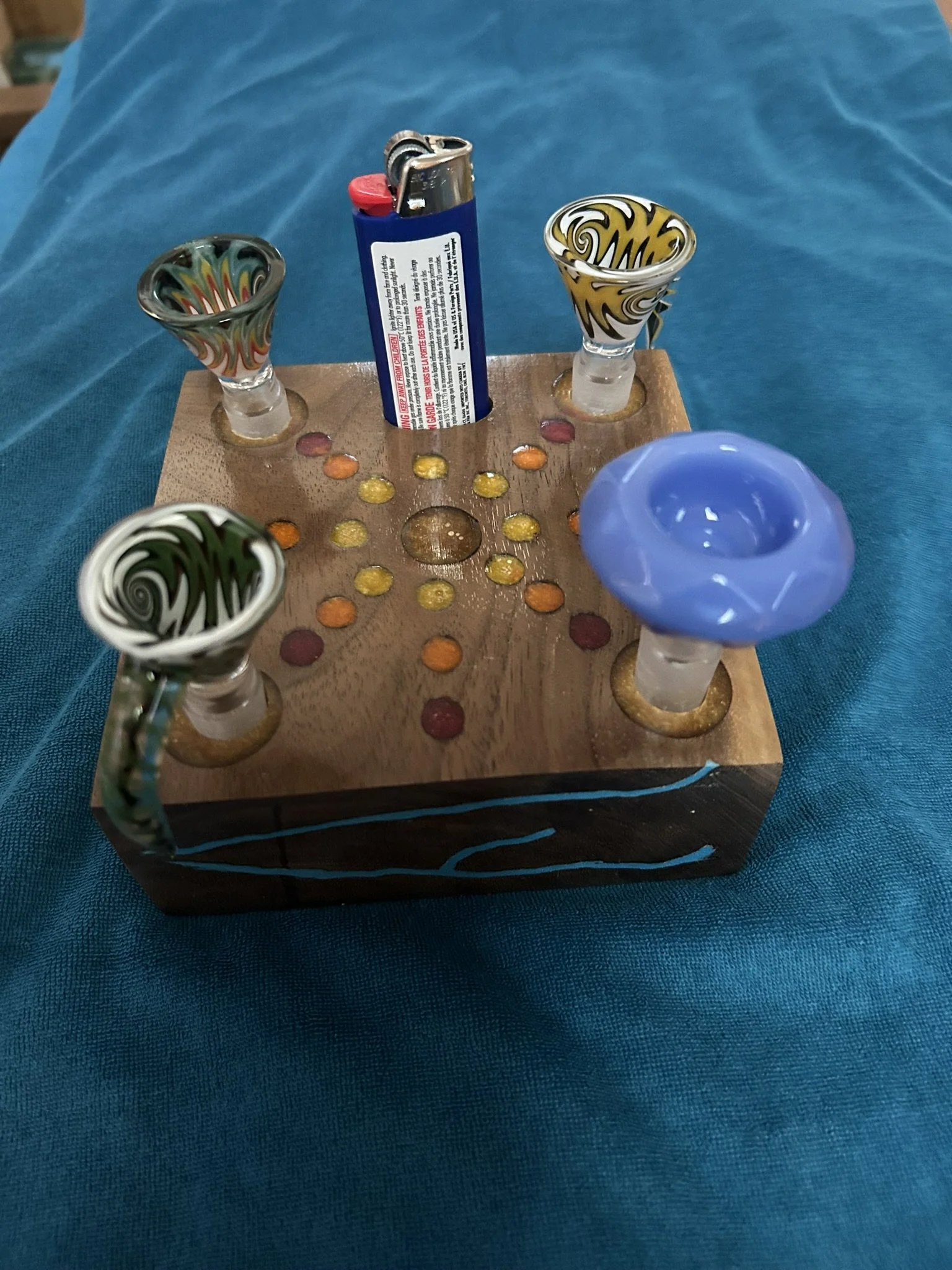 14mm Glass Pipe Bowl and Lighter Holder Stand Eucalyptus Resin Turquois inaly handmade