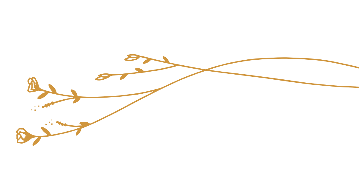 Golden floral line art with leaves and small flowers on a black background.