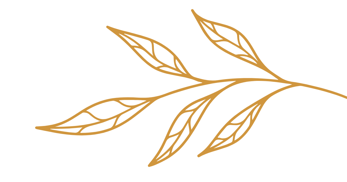 Gold-colored botanical branch with elongated, decorative leaves against a black background.
