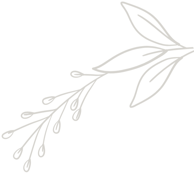 White outline drawing of a branch with leaves and small buds on a black background.