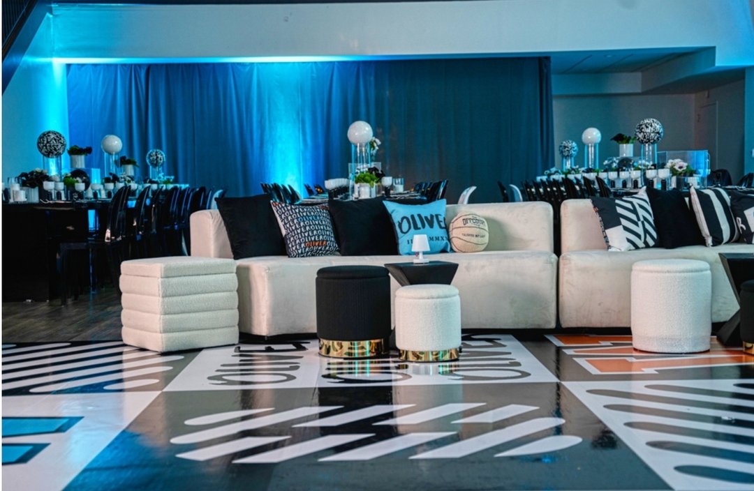 Thanks to @sandizevents, we got be part of this energetic mitzvah!

The white, black, and blue color scheme was bold and vibrant; allowing our pieces to shine. Checkout our White Maze Sofa and Pyramid Display setups. The black accents make our pieces