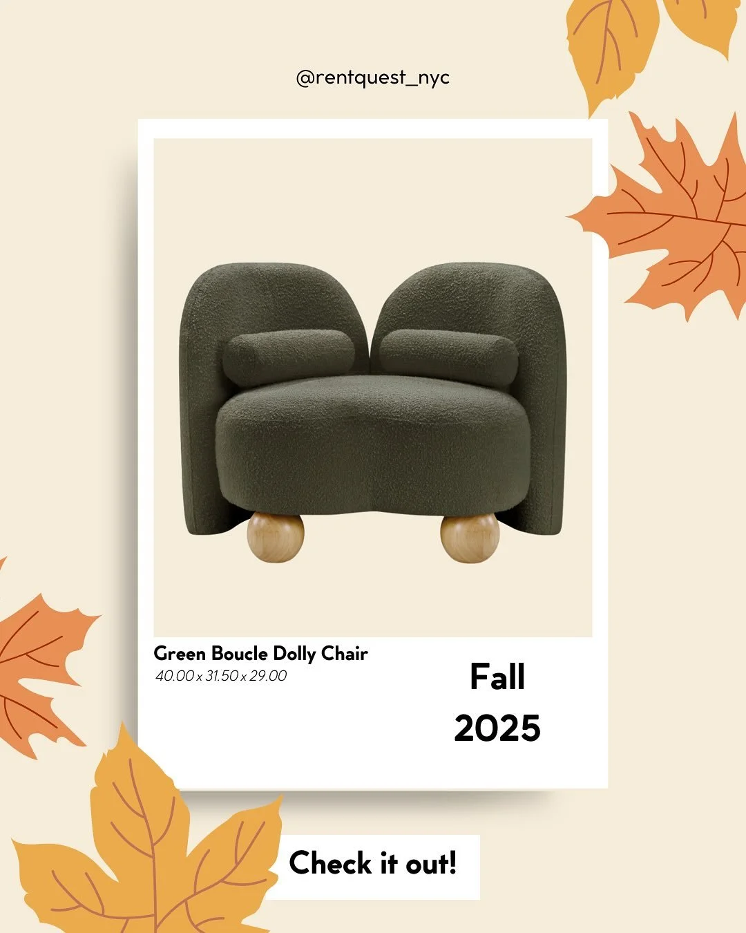 ✨HIGHLIGHT ITEM OF THE WEEK✨

Green Boucle Dolly Chair 

Sleek and modern with a little edge 💚 Our Green Boucle Dolly Chair is perfect for events, launches, and pop-ups. Interchange the feet from black to wood to perfectly match your aesthetic! Show
