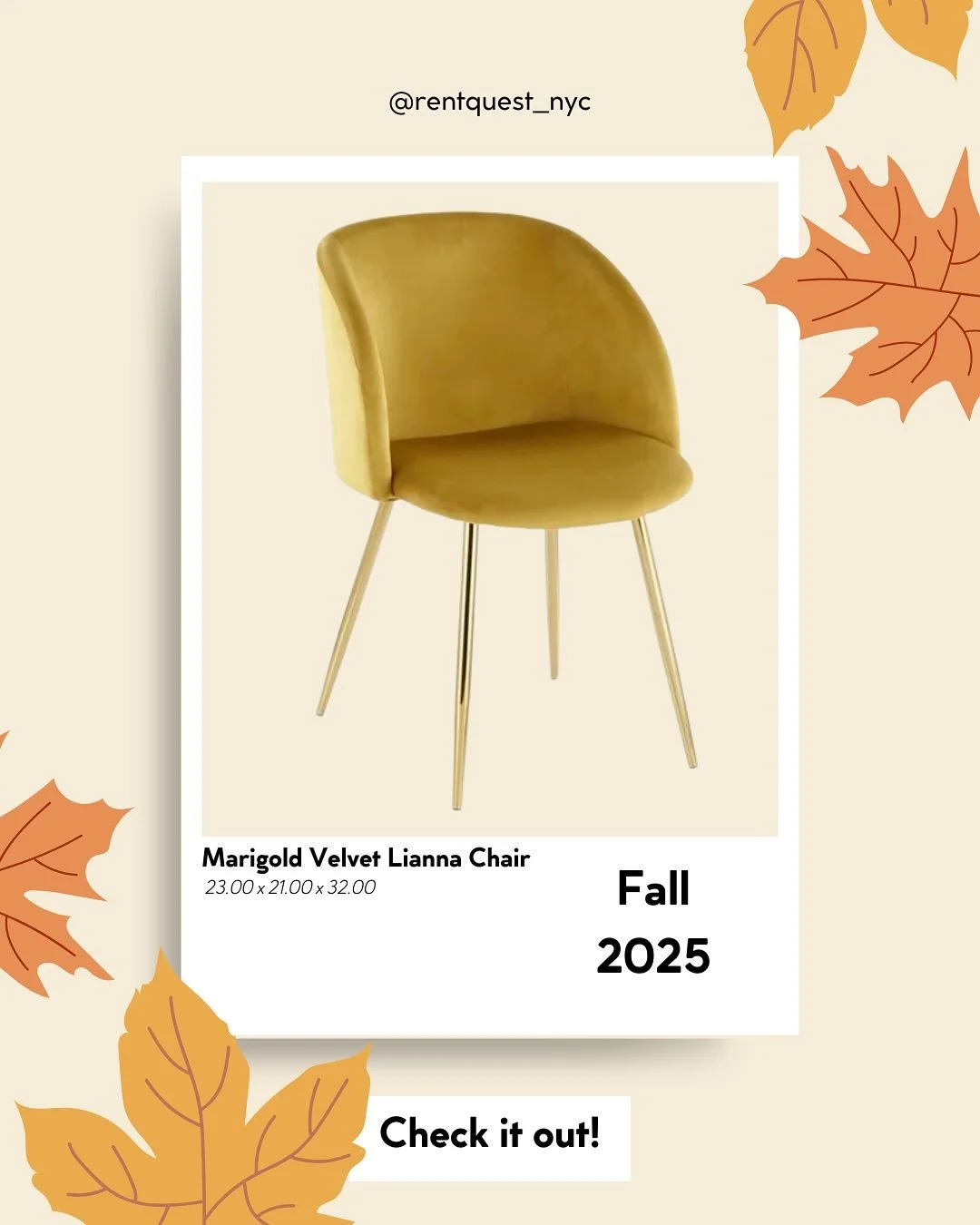 ✨HIGHLIGHT ITEM OF THE WEEK✨

Add a pop of marigold yellow to your next event for the perfect Fall touch! 🍂
Our Marigold Velvet Lianna Chairs are the prefect addition to your dinning, lounge, or stage. Their velvet fabric is soft to the touch and pr