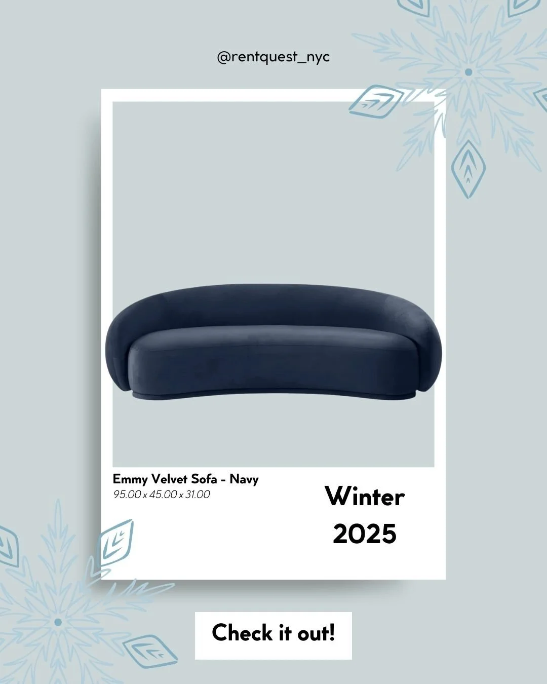 ✨HIGHLIGHT ITEM OF THE WEEK✨

EMMY VELVET NAVY SOFA ❄️ 

One of our newest editions to our inventory; our Emmy sofa offers both comfort and style to your next event. With various furniture items of the same color, curating your next event setup can b