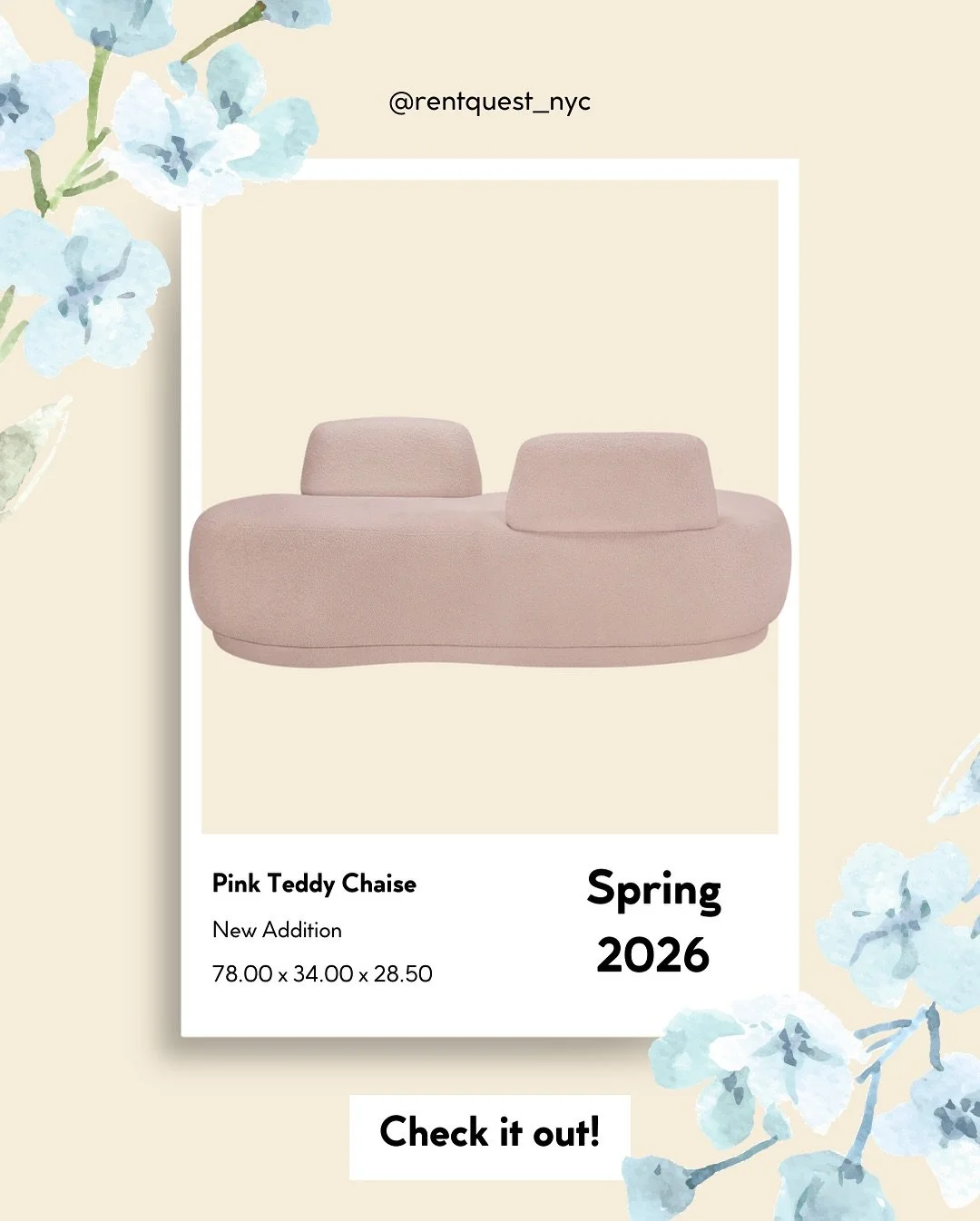 ✨HIGHLIGHT ITEM OF THE WEEK✨

Pink Teddy Chaise 💕

What sets the Spring scene better than pink! This couch is effortlessly chic and endlessly photogenic! 
&bull;
&bull;
&bull;
&bull;
&bull;
&bull;
&bull;
&bull;
&bull;
&bull;
#rentquest #rentals #nyc