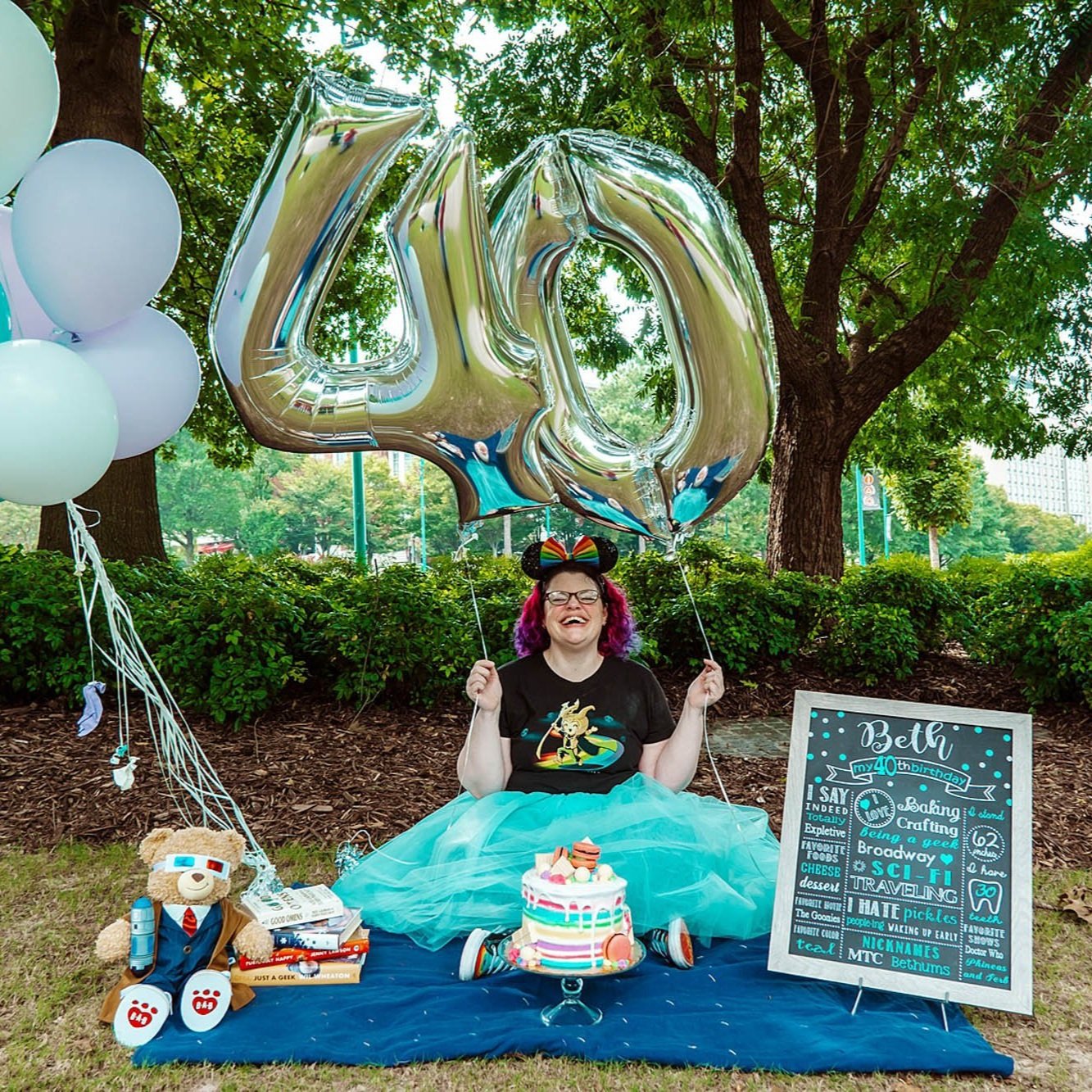 40th Birthday Portrait photos featuring a picnic and 4-0 bday silver balloons taken by Sharma Shari