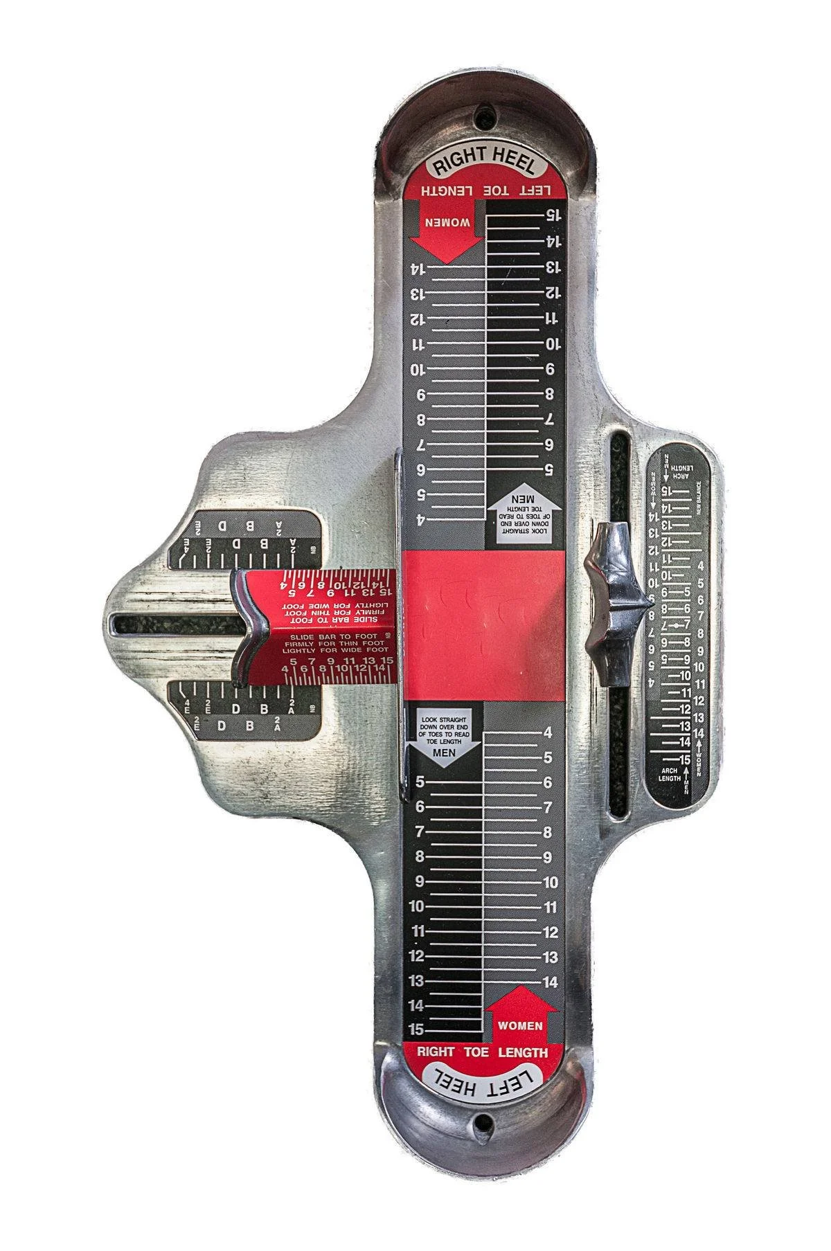 Brannock device used to measure heel to toe and arch length during a shoe fitting