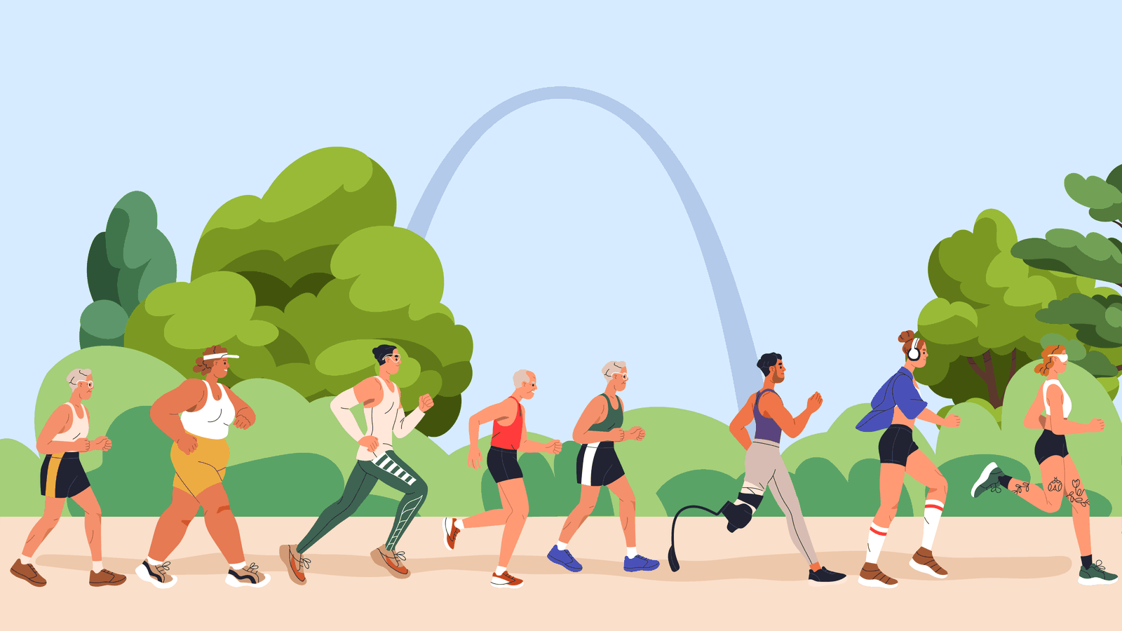 Illustrated runners and walkers of all ages passing the Gateway Arch on a park path