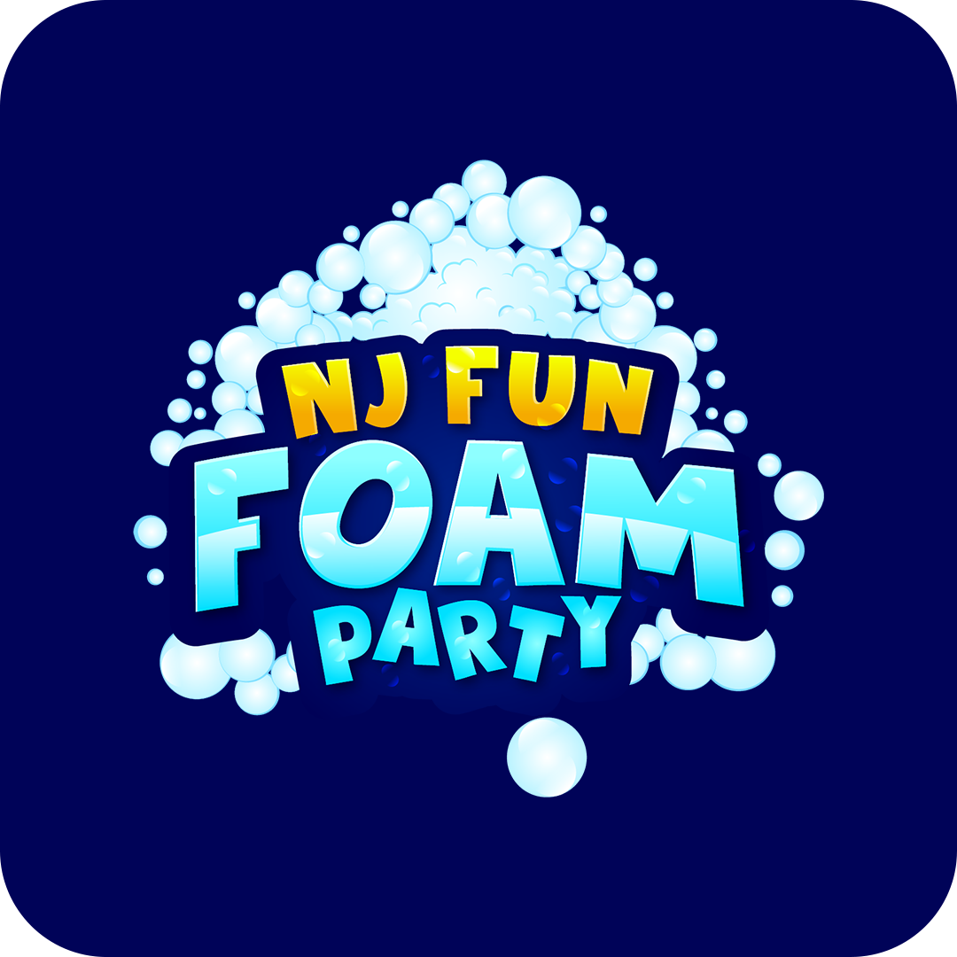 Logo for NJ Fun Foam Party with blue and yellow text and bubbles surrounding the words