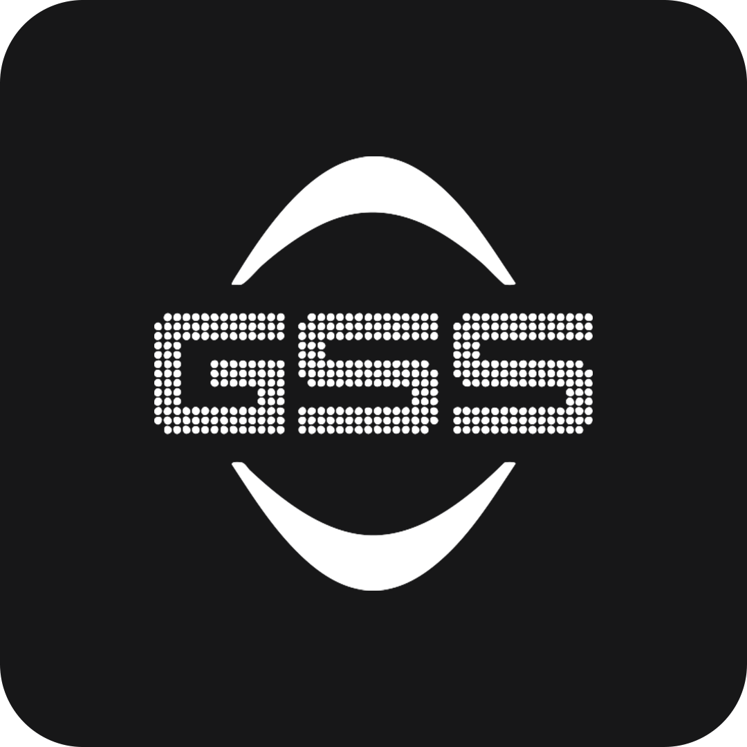 Black background with a white digital display of the text 'GS5' and white curved shapes above and below the text