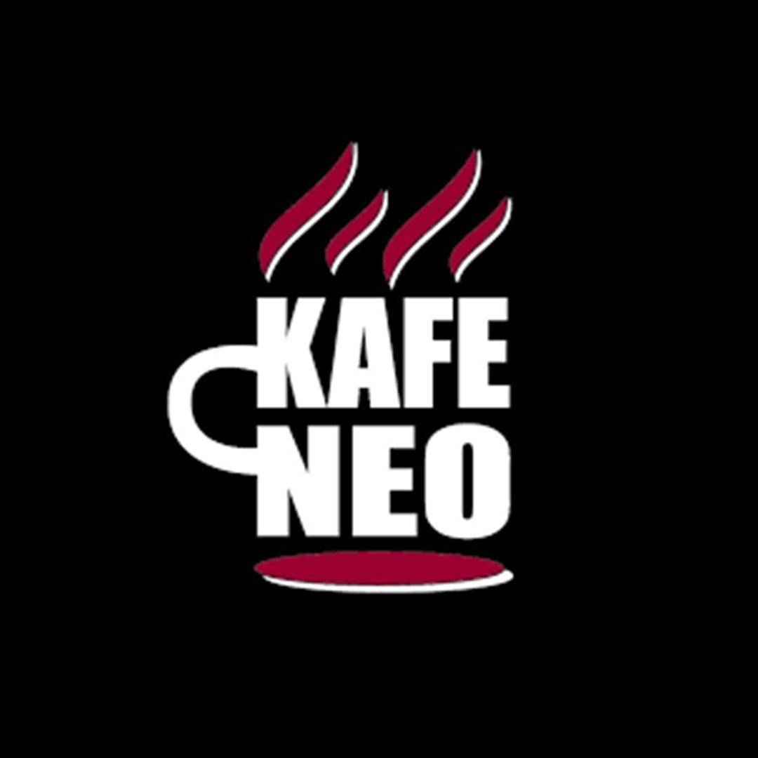 Logo with a steaming coffee mug and the words 'KAFE NEO' in bold white letters on a black background.