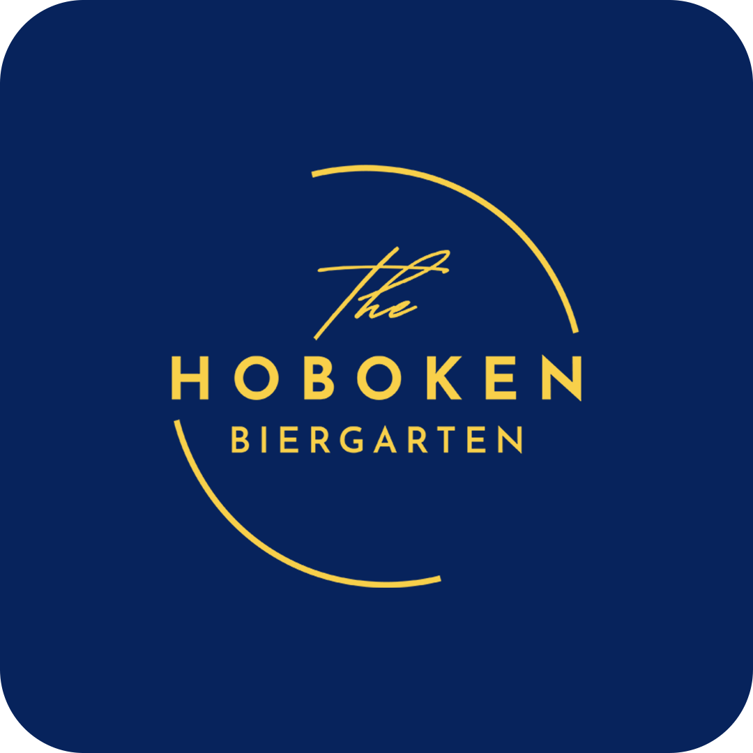 Logo for The Hoboken Biergarten with blue background and yellow text.