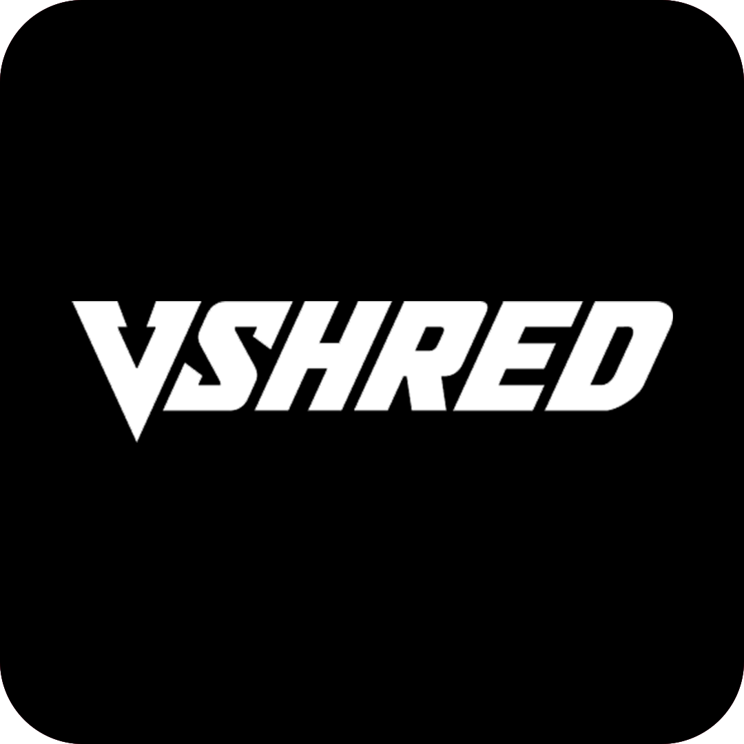 White VSHRED logo on a black background.