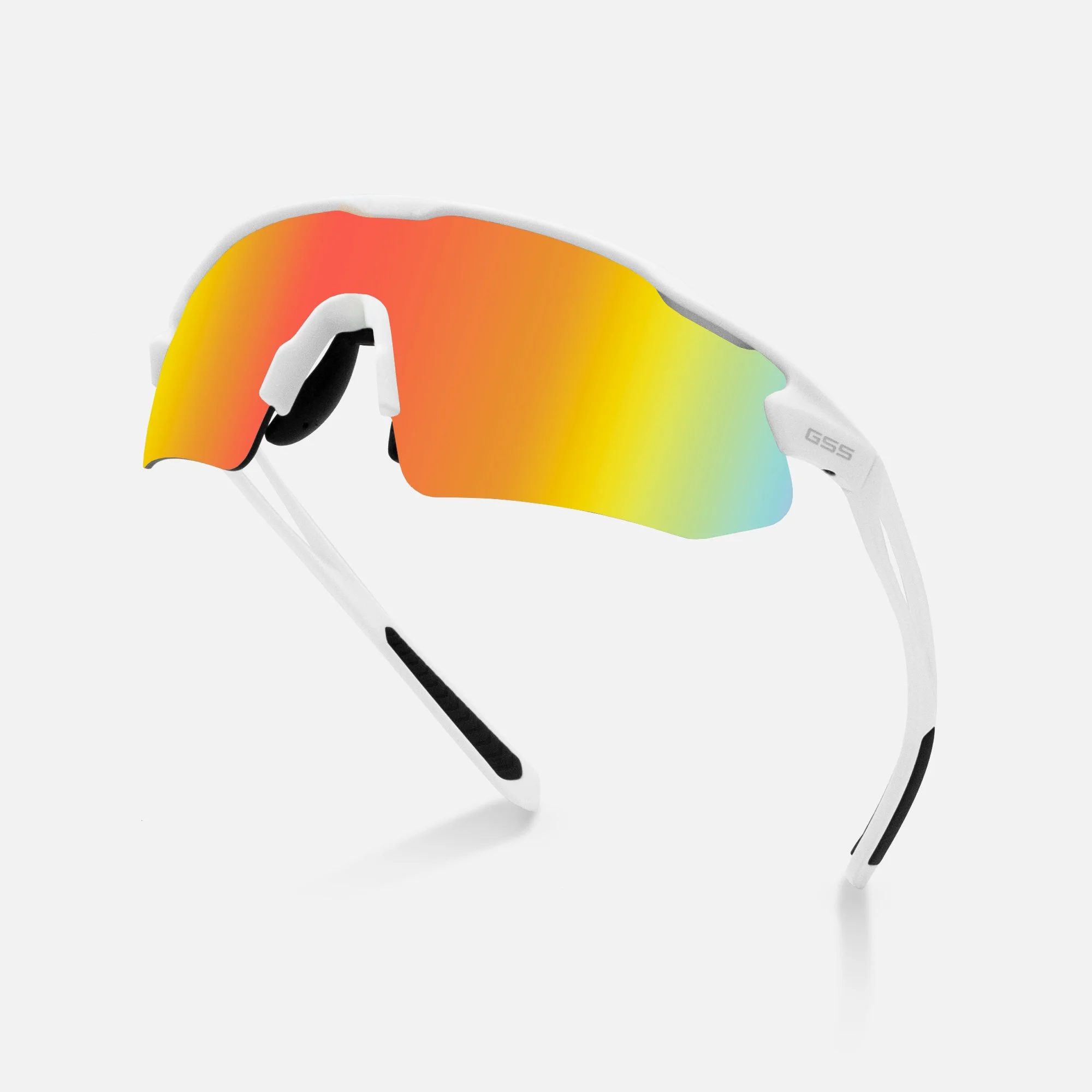 Sports sunglasses with a white frame and colorful mirrored lens.
