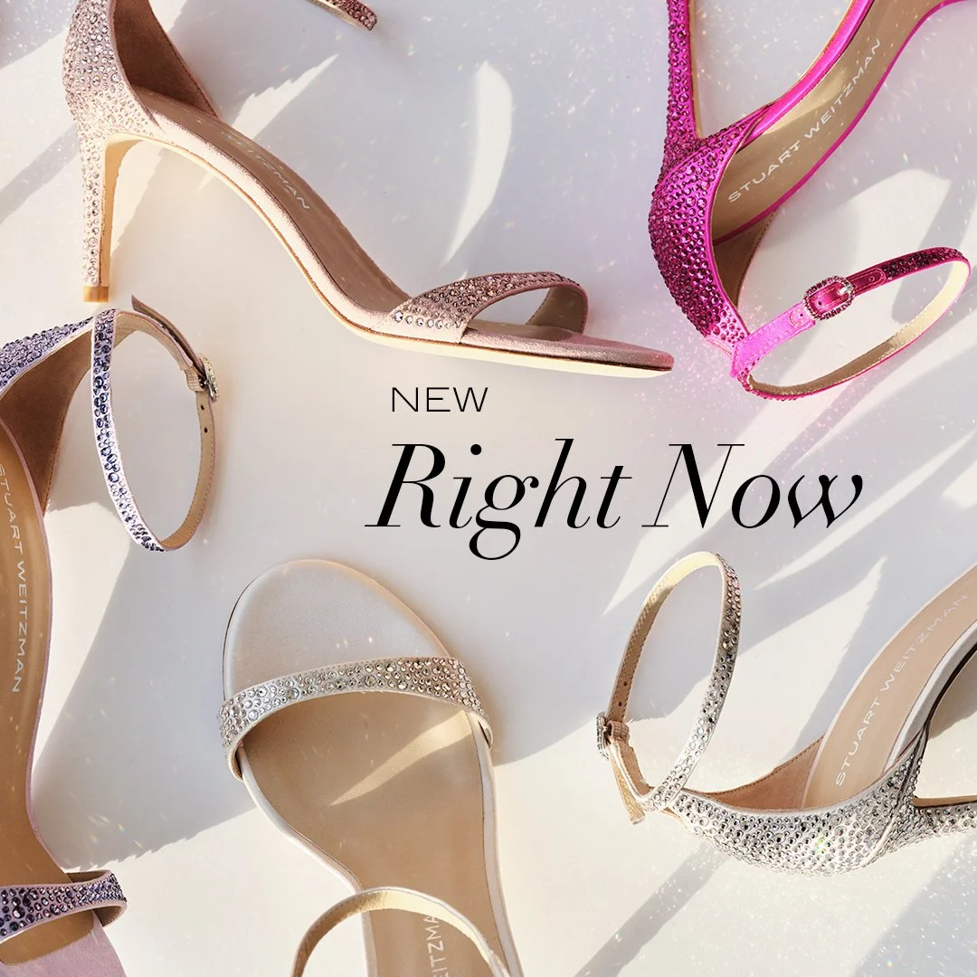 Several pairs of high-heeled sandals with rhinestone embellishments, arranged on a white surface with shadows, and text that says 'NEW Right Now' in the center.