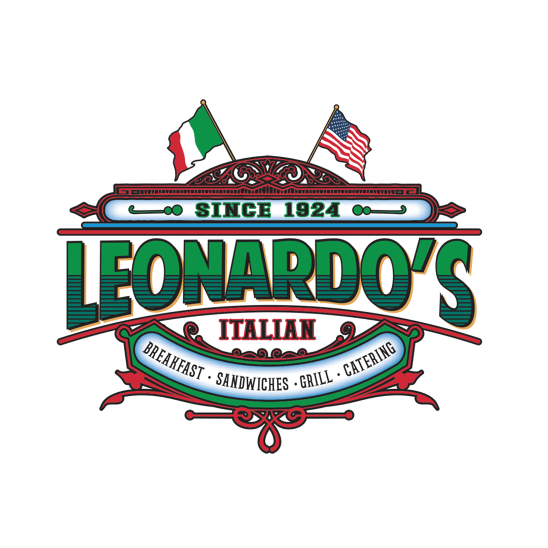 Logo for Leonardo's Italian restaurant, established in 1924, featuring American and Italian flags, with offerings of breakfast, sandwiches, grill, and catering.