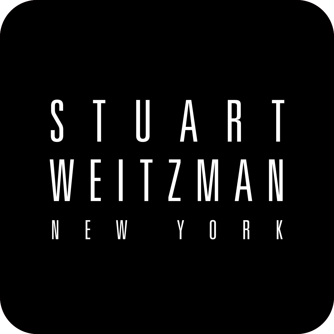 Black background with white text reading 'Stuart Weitzman New York' in a minimalist style.