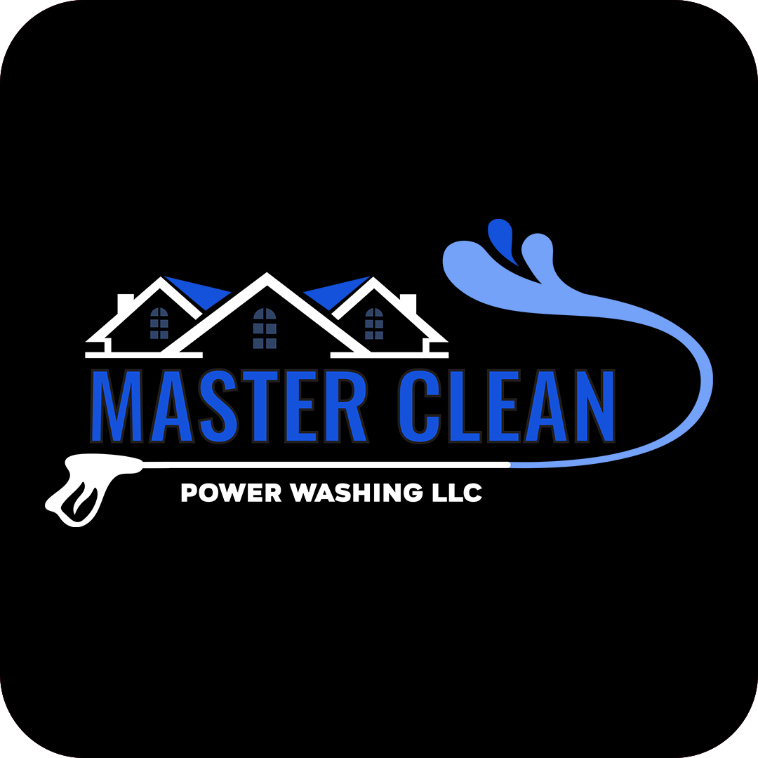 Logo for Master Clean Power Washing LLC features three house rooftops and a blue water spray, with the text "Master Clean" in large blue letters and "Power Washing LLC" underneath.
