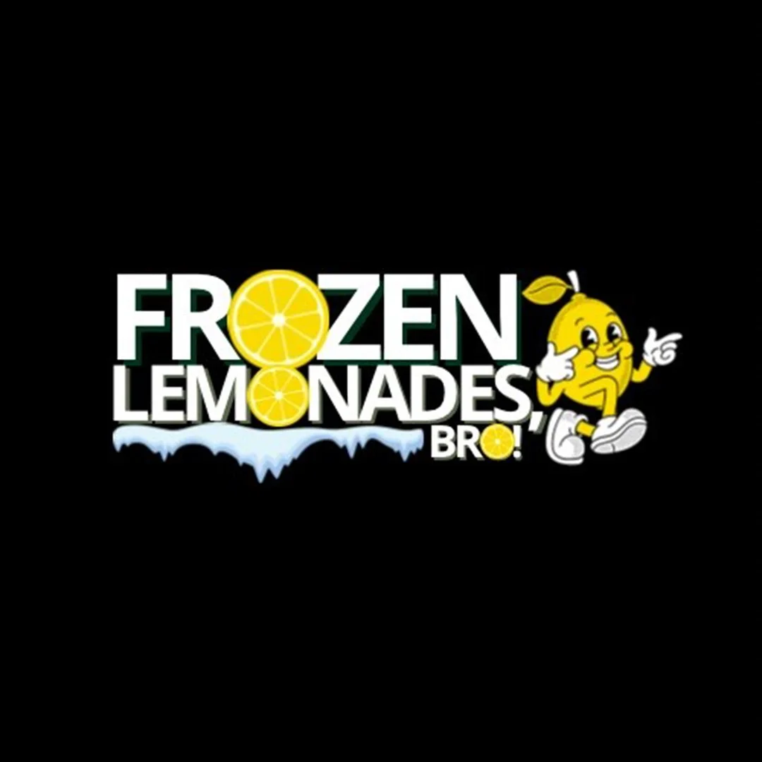 Logo for Frozen Lemonades. Features a smiling cartoon lemon with sunglasses, pointing, next to the text 'Frozen Lemonades Bro!' with lemon slices and icy elements.