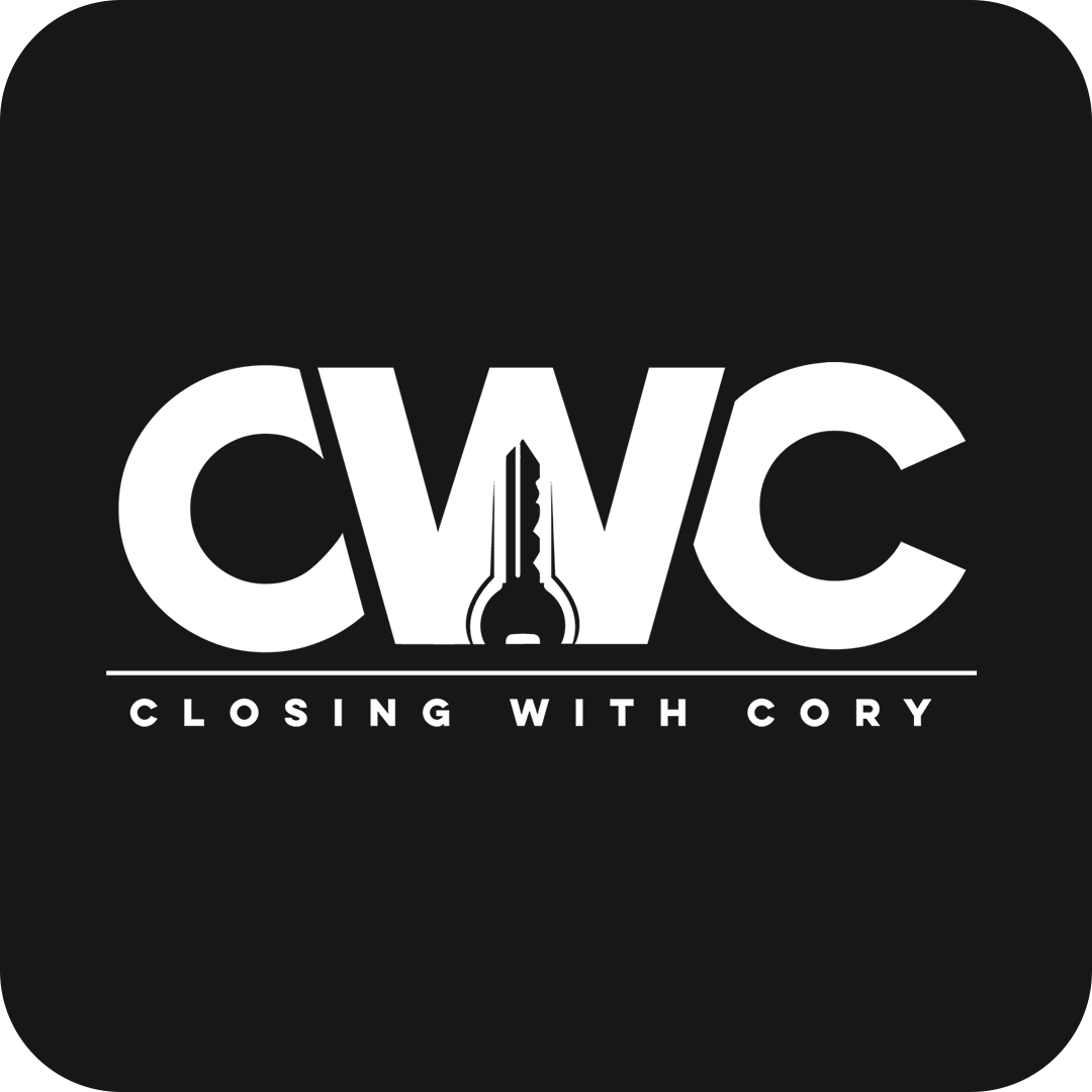 Black background with white CWC logo, featuring a police taser in the center and the text "Closing with Cory" underneath.