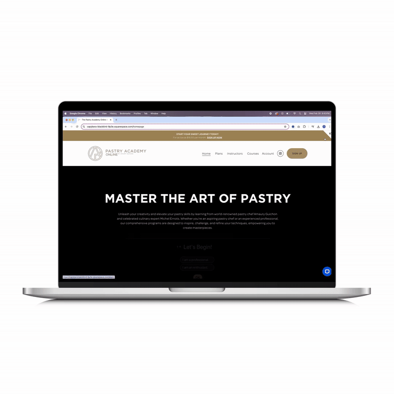Laptop displaying the Pastry Academy Online website with the headline "Master the Art of Pastry."
