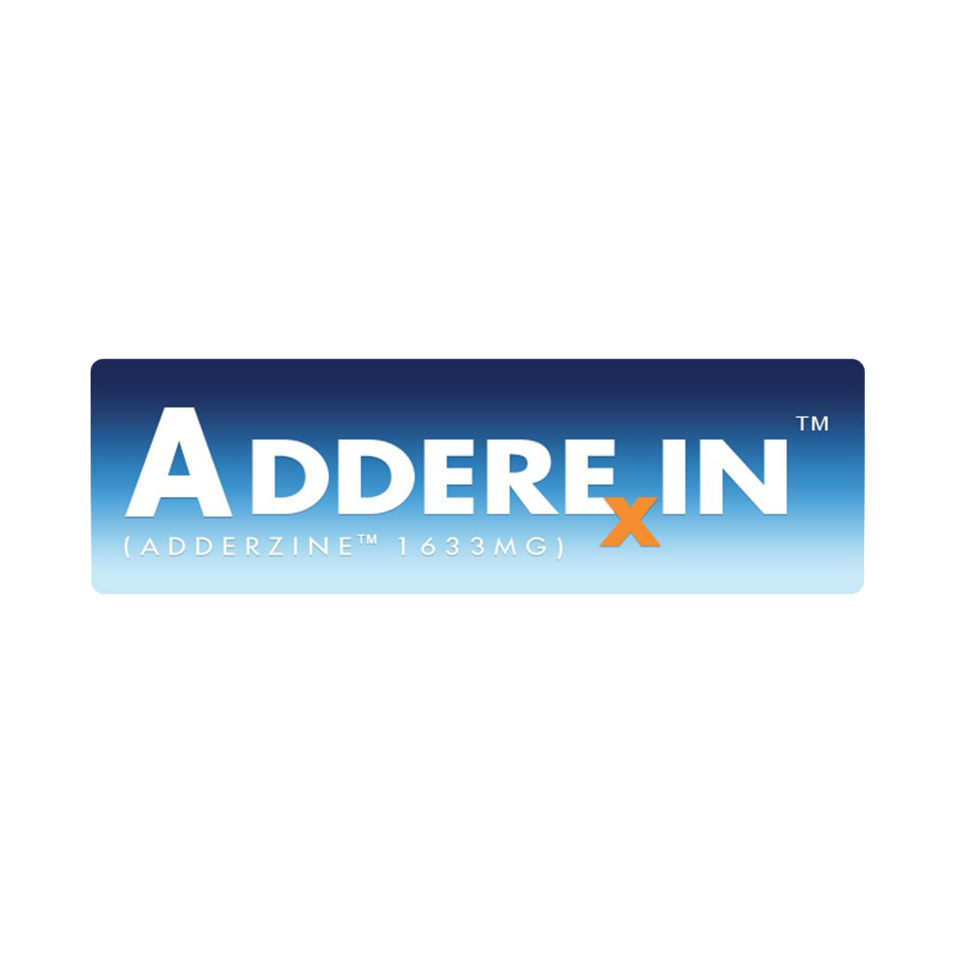 Label for ADDERE IN, a dietary supplement with Adzerzine, featuring a blue gradient background and white and orange text.