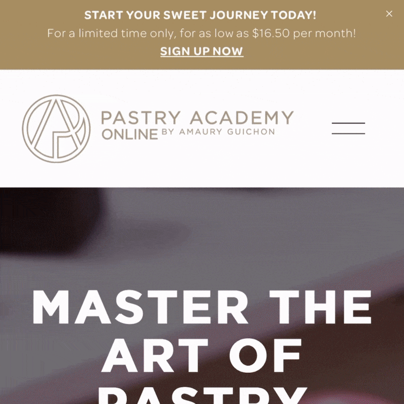 Promotional image for Pastry Academy online course by Amaury Guichon, encouraging signing up to learn pastry skills, with a headline 'Master the Art of Pastry', and a section offering a limited-time low price of $16.50 per month.