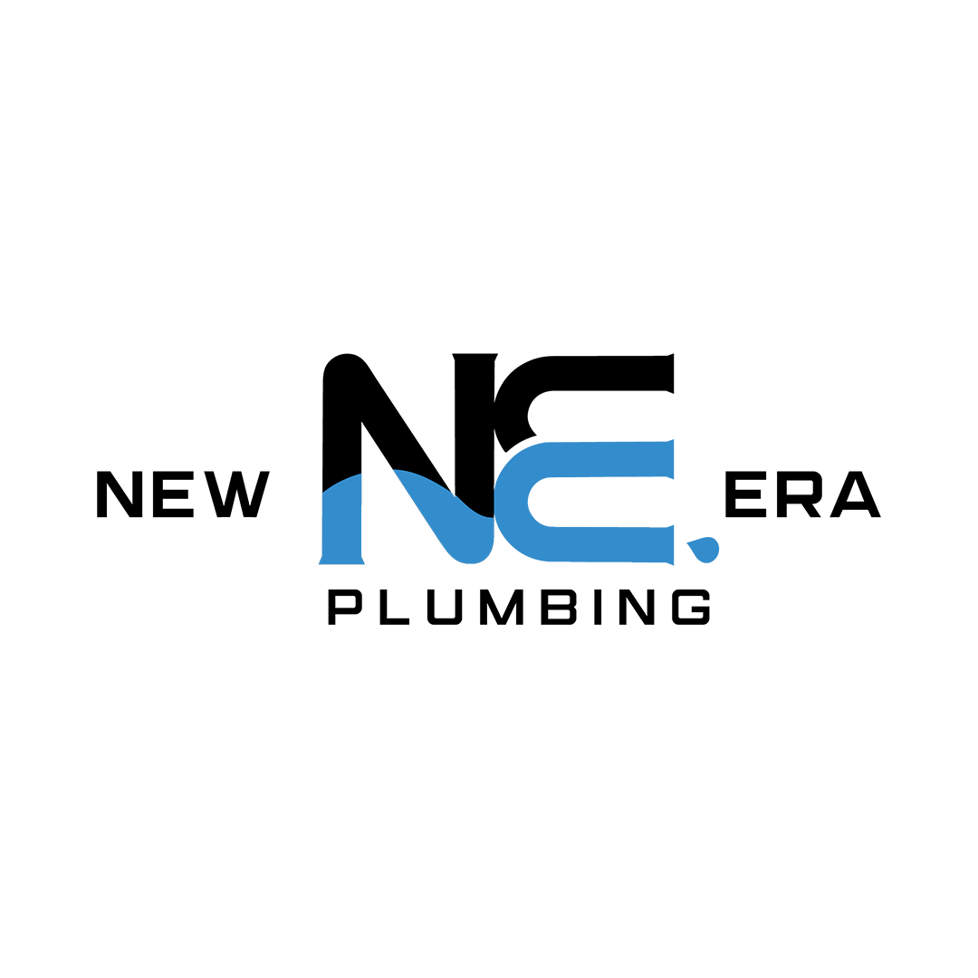 Logo for New Era Plumbing with black and blue text, featuring the initials NE integrated into the design.