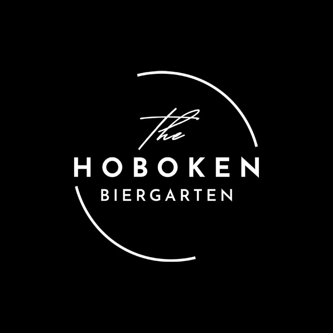 Logo for The Hoboken Biergarten, featuring white text and design elements on a black background.