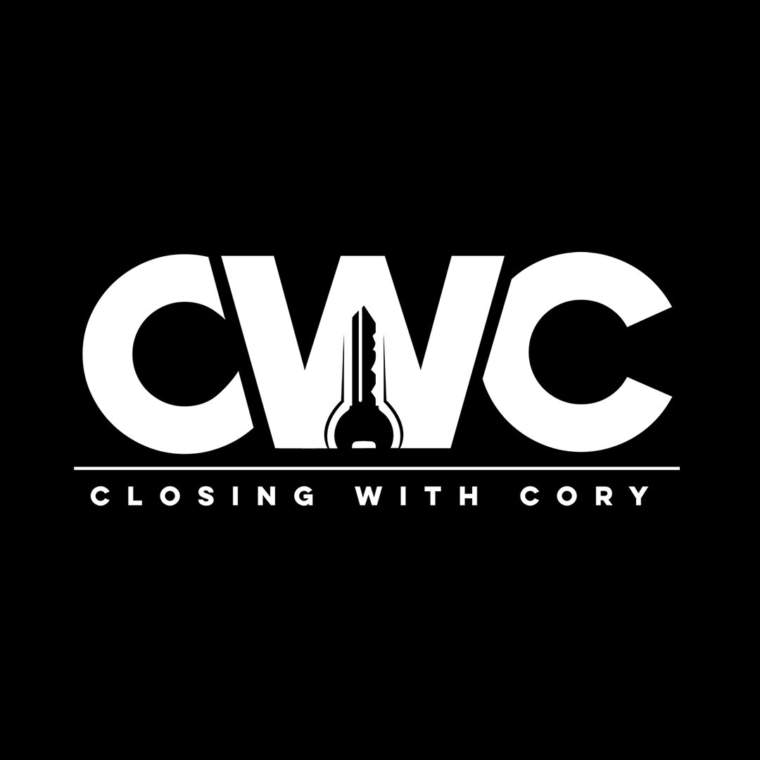 Black background with white text and a logo that reads "CVC" with a vertical stylized thread or needle in the center. Below, it says "Closing with Cory" in white uppercase letters.