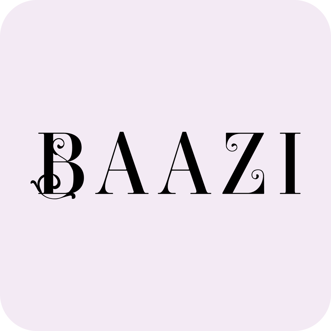 The word 'BAAZI' written in large, decorative black font on a light purple background.