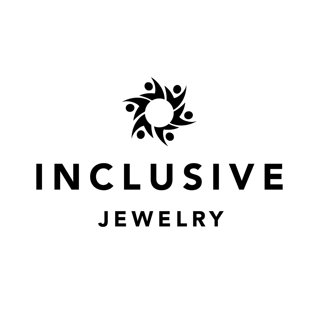 Logo of Inclusive Jewelry featuring a circular design with abstract human figures around it, with the text 'INCLUSIVE JEWELRY' below.