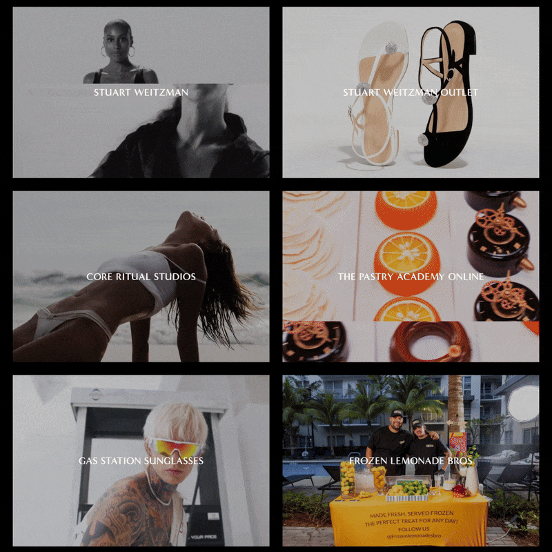 A collage of six images featuring various people, products, and scenes related to fashion, accessories, desserts, and beverages.