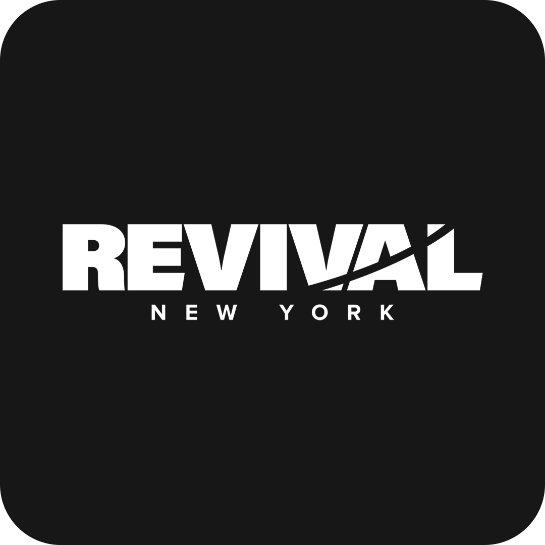 Black background with white text that says "REVIVAL NEW YORK" in a bold font and "REVIVAL" has a line cutting through the letters.