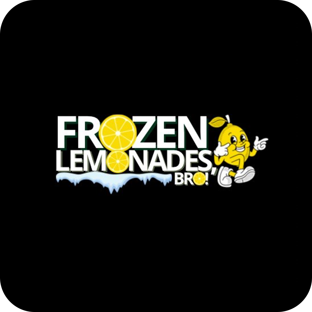 Logo for Frozen Lemons, featuring a cartoon lemon character smiling and pointing, with stylized text and lemon slices.