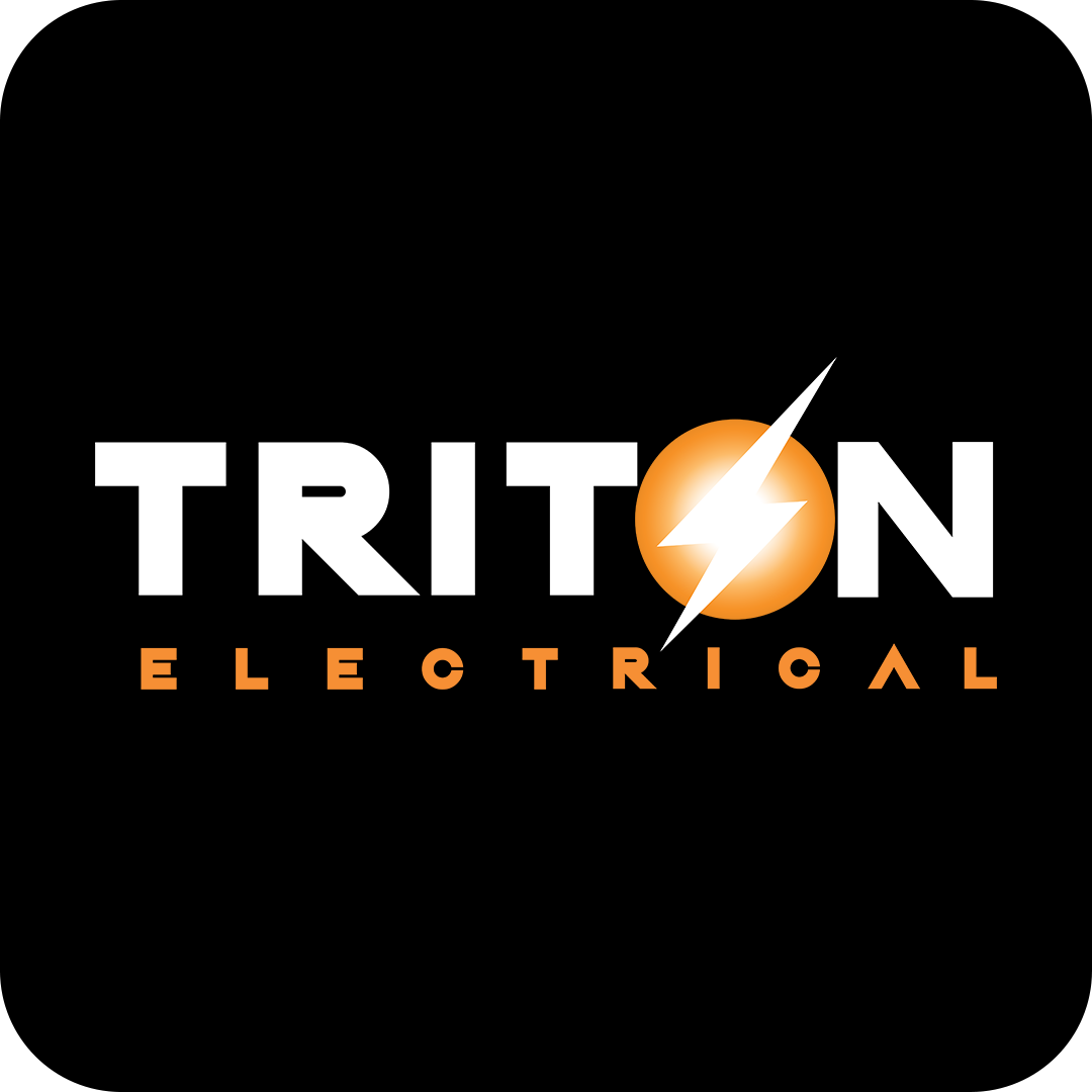 Logo for Triton Electrical with a lightning bolt through an orange circle, black background, white and orange text.