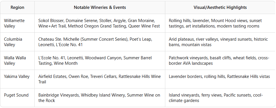Pacific Northwest winery vineyard - Oregon, Washington, California, British Columbia, Idaho - summer vibes - events