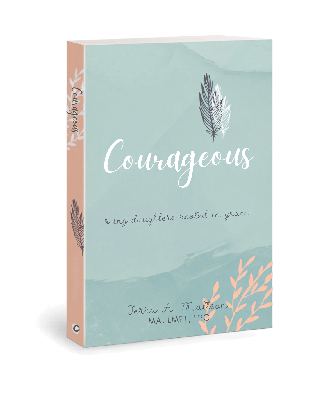 Book titled 'Courageous: Being Daughters Rooted in Grace' by Terra A. Mattson, with a pastel-colored cover featuring a feather illustration and decorative leaf motifs.