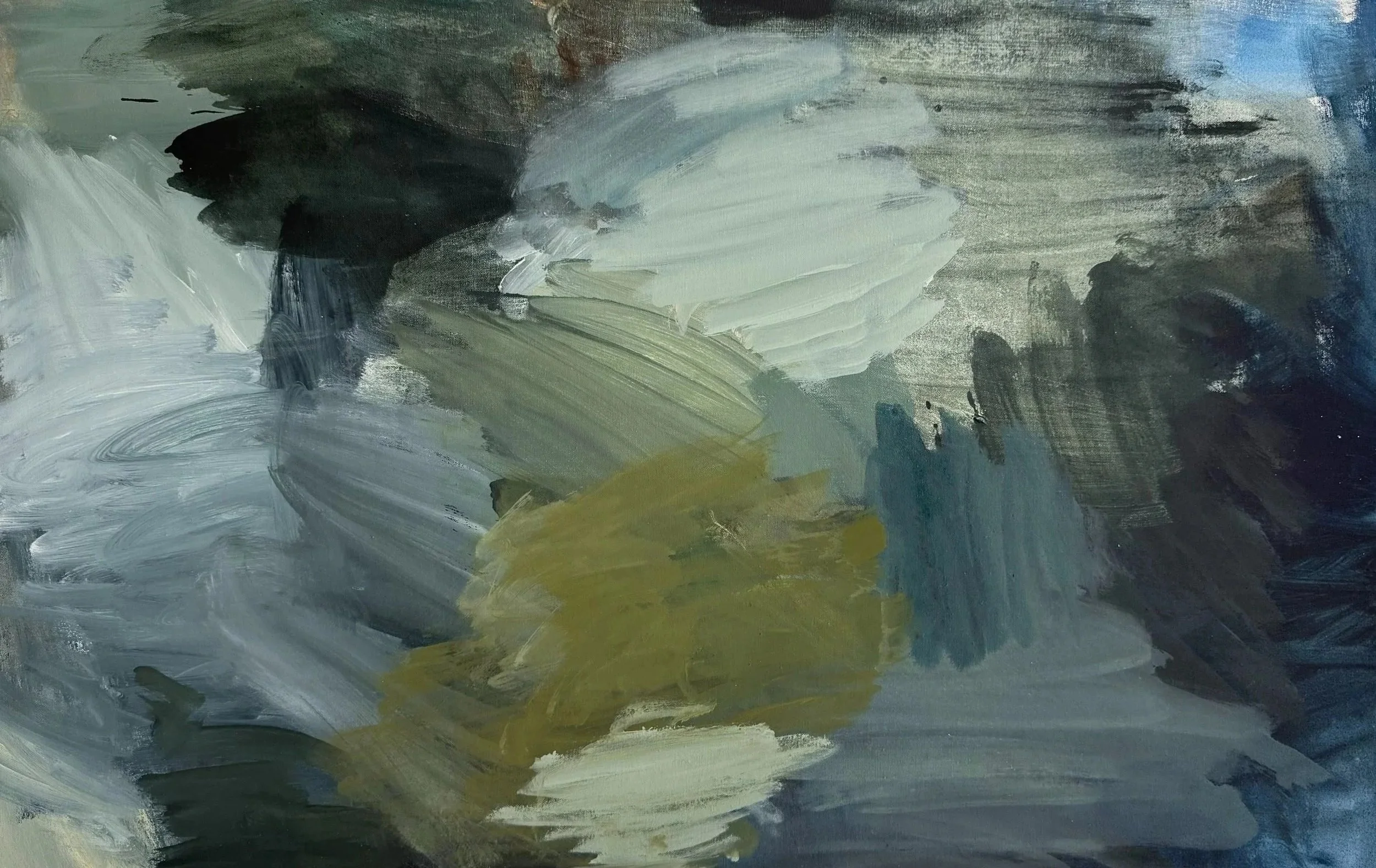 Abstract painting with broad brush strokes in shades of black, white, gray, blue, and yellow.