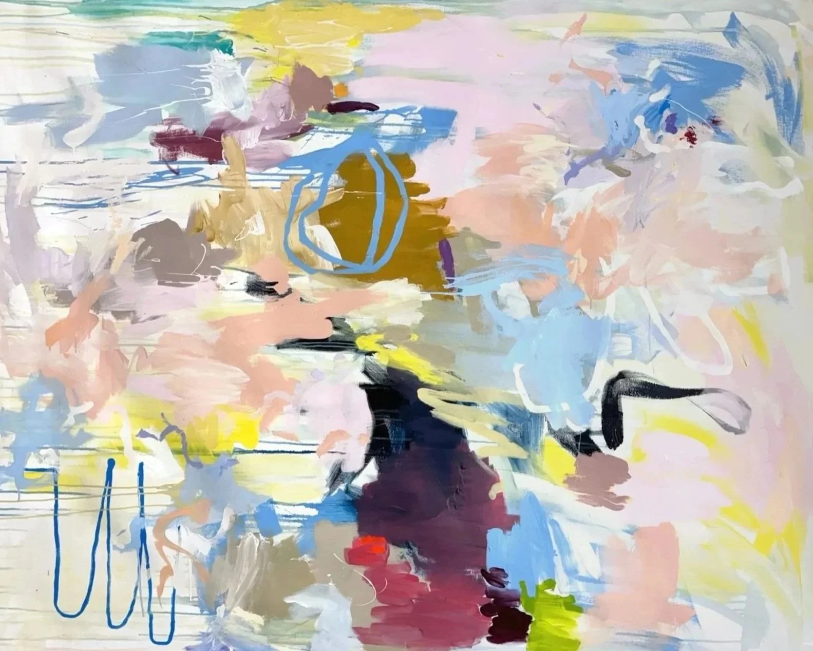 Abstract colorful painting with various shades of pink, blue, yellow, brown, black, and white, featuring loose brushstrokes and some linear elements.
