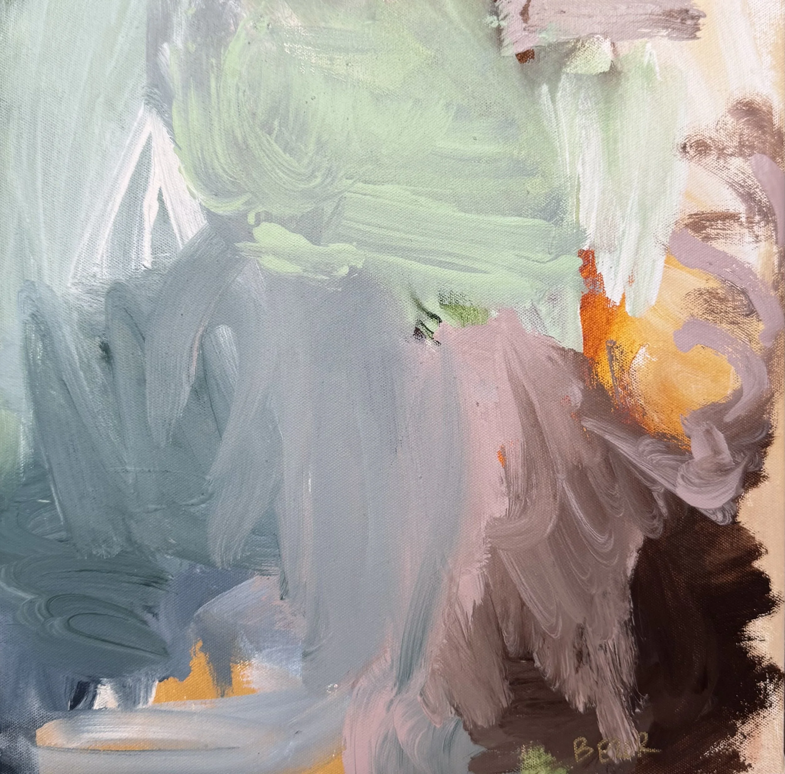 Abstract painting with brushstrokes in shades of blue, purple, pink, yellow, green, and orange.