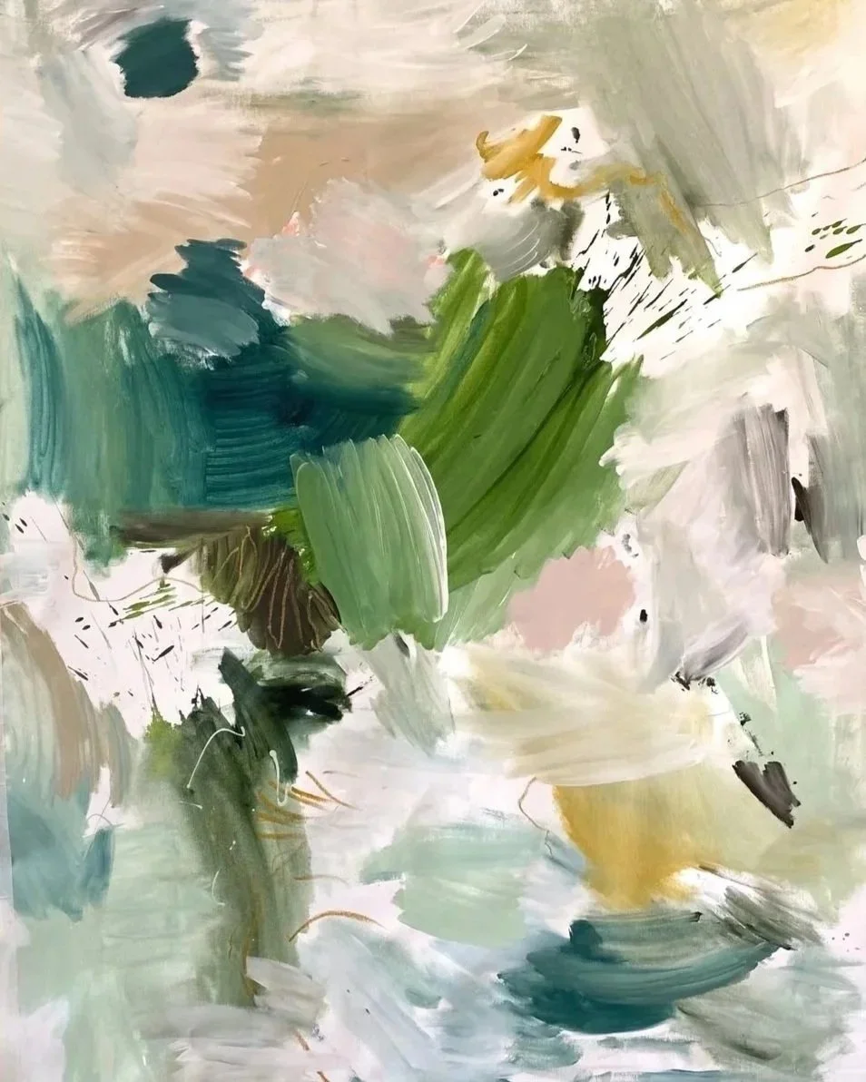 Abstract painting with broad brushstrokes in shades of green, beige, white, and hints of yellow and black.